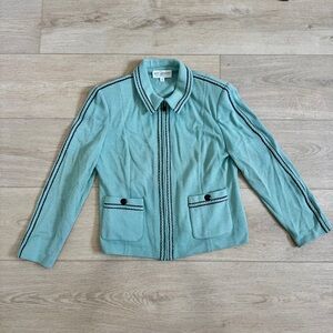 St. John Collection pistachio green knit jacket with black braided trim